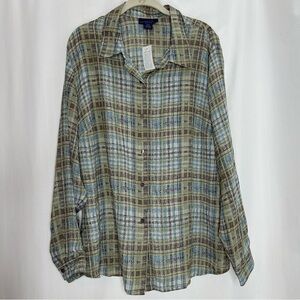 Charter Club silk button up shirt green plaid size 20W
